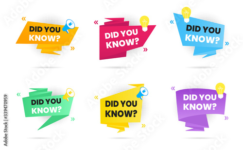 6 Big banner ribbons speech bubble with text did you know set label flat style design vector illustration isolated on white background. Interesting facts or quiz knowledge badge collection.