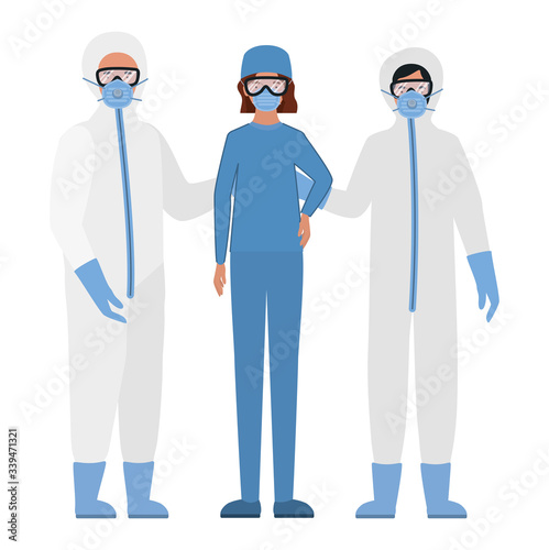Doctors with protective suits glasses and masks against Covid 19 vector design