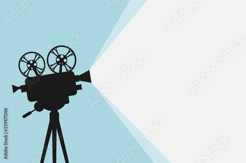 Silhouette of vintage cinema projector on a tripod. Cinema background. Film festival template for banner, flyer, poster or tickets. Old movie projector with place for your text. Movie time concept