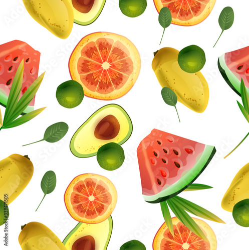 Fruit seamless pattern with mango, avocado, tangerine, orange, lime, watermelon and leaves on white background. Summer tropical texture for wrapping paper, foliage, linen, textile