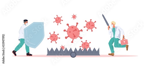 Doctor fighting virus infection disease protection campaign. Medical staff in protective mask shield sword catch trap. Chaotic outbreak prevention. Medicine pharmacy powerful secure science concept