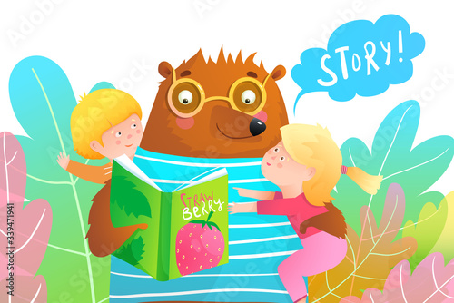 Cartoon bear reading a story from the book and holding two little smiling little kids a boy and a girl. Children asking a teacher animal to read a story. Colorful vector in watercolor style.