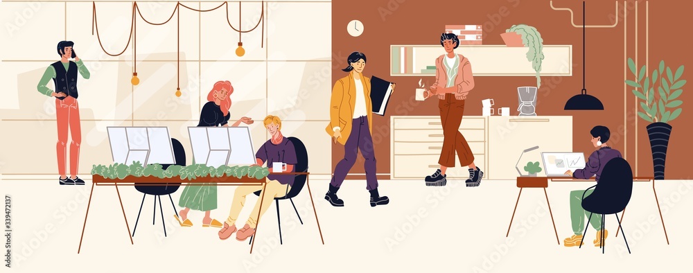 Men, women working at computer desks in office. Colleagues speaking by phone, drinking coffee, carrying folder. Deadline, coworking, team, overwork, company interior concept. Vector flat illustration. Men, women working at computer desks in office. Colleagues speaking by phone, drinking coffee, carrying folder. Deadline, coworking, team, overwork, company interior concept. Vector flat illustration.