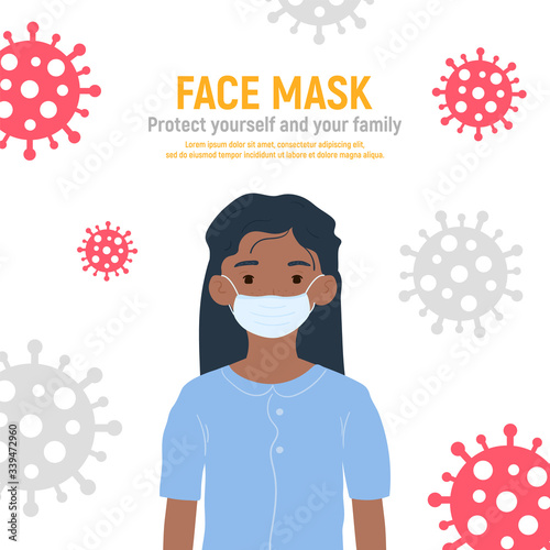 Girl with medical mask on face to protect her against coronavirus covid-19, 2019-nCov isolated on white background. Kids virus protection concept. Stay safe. Vector illustration