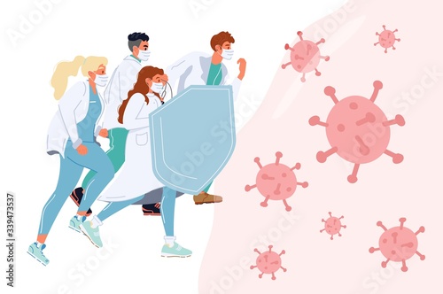 Doctor in protective mask uniform shield medical team fight virus reflect pathogen attack together. Healthcare safety prevention. Running characters. Stop coronavirus flu infection disease outbreak