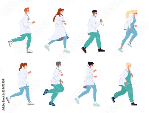 Doctor running in masks uniform stethoscope set. Clinic healthcare, urgency medicine, emergency help characters. Ambulance first aid prevent lethal outcome. Disease epidemic. Coronavirus outbreak