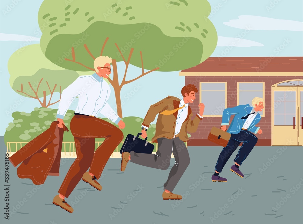 Fototapeta premium Busy business people running success hurry work meeting. Clerks, office workers, managers, businessman character in suit briefcase on street. Job competition, leadership, challenge marathon concept