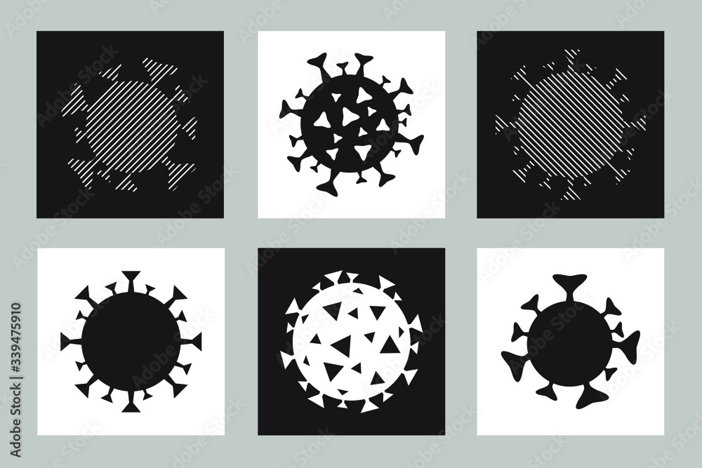 Coronavirus icon set. Textured geometric coronavirus elements on black and white background. Covid-19 Novel virus outbreak. No Infection and Stop Coronavirus Concept. Vector medical poster, banner Coronavirus icon set. Textured geometric coronavirus elements on black and white background. Covid-19 Novel virus outbreak. No Infection and Stop Coronavirus Concept. Vector medical poster, banner