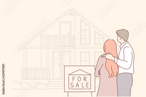 Buy, sale, house, real estate, family concept. Young sad couple in love, husband and wife characters sell, leaving their house offered for sale because of debts. Buying new real estate for family life