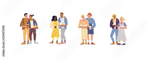 Friends, lovers, lesbians, romantic couples standing together, keeping food trays. Young family, millenials, coffee break, fast food restaurant, cafe. Vector flat illustration isolated on white.