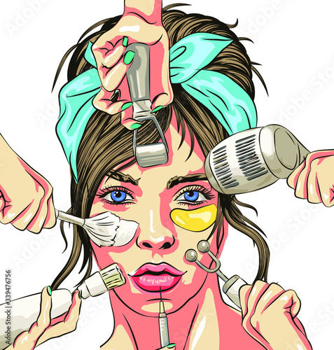 Face Care and Treatment Flat Vector Illustration Set. Mesotherapy, Injections, Mask, Massage Lines. The best basic Skin Care Routine tips for All types of Skin 