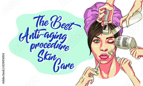 Face Care and Treatment Flat Vector Illustration Set. Mesotherapy, Injections, Mask, Massage Lines. The best basic Skin Care Routine tips for All types of Skin 