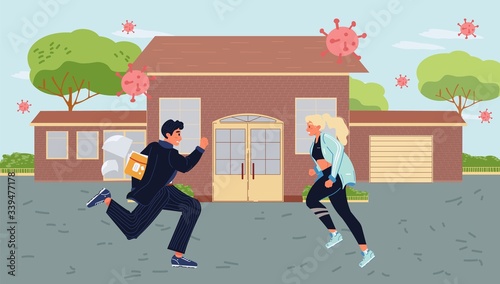 People panic global epidemic spread virus attack health danger. Running man woman scared crowd. Viral infection on street. Pandemic crisis, anxiety. Deadly disease transmission outbreak prevention