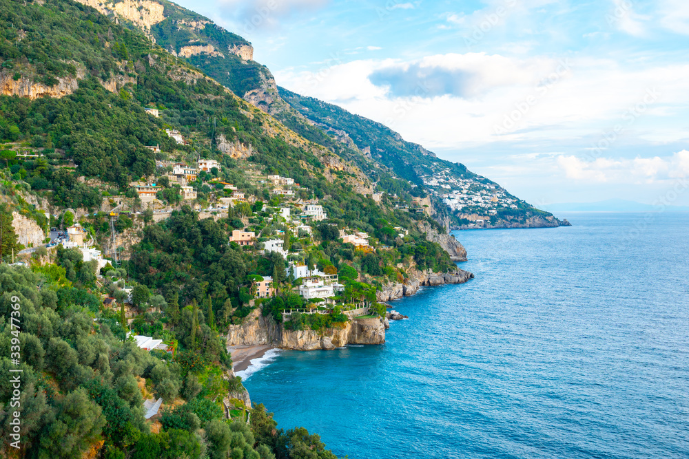beautiful view of the coast of Positano, Amalfi Coast, Mediterranean Sea