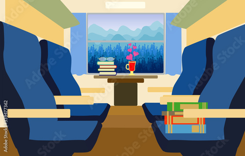 Interior of a modern passenger train inside. Nature landscape in window. Traveling by train along the rail road in comfort.