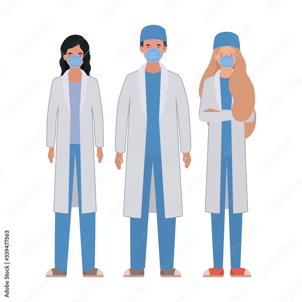 Man and women doctors with uniforms and masks vector design Man and women doctors with uniforms and masks vector design