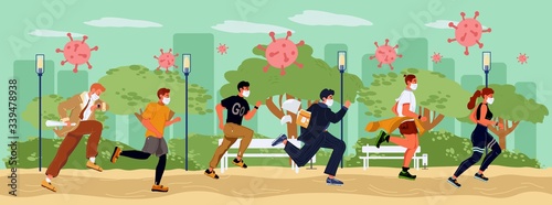 People crowd in respiratory mask fleeing influenza virus attack. Coronavirus epidemic panic. Covid19 world spreading protection. Active lifestyle in global pandemic. Health risk public park concept