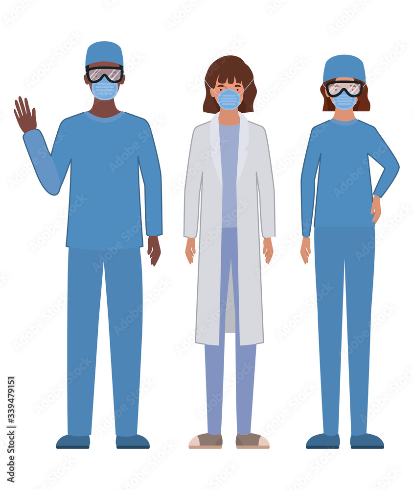 Man and women doctors with uniforms and masks vector design Man and women doctors with uniforms and masks vector design