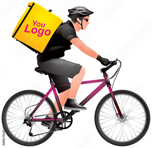 Delivery Service bike courier realistic vector illustration, bicycle on-demand purchases, picks up and delivers pizza, fast food, sushi, sashimi, drinks and other products ordered through mobile app