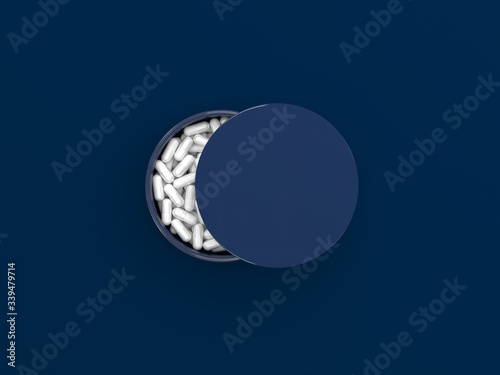 Packing sleeping pills on a dark blue background. An ajar can with a sleeping pill forming a half moon shape in a top view. Remedy for insomnia. Creative concept. 3D render illustration.