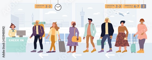 Multiracial men, women standing in queue to check in, drop off luggage at international airport. People, passengers lining up before registration desk. Travel, business trip vector flat illustration.