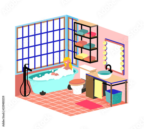 Cartoon Girl Takes A Bubble Bath. Everyday routine. Vector Illustration.
