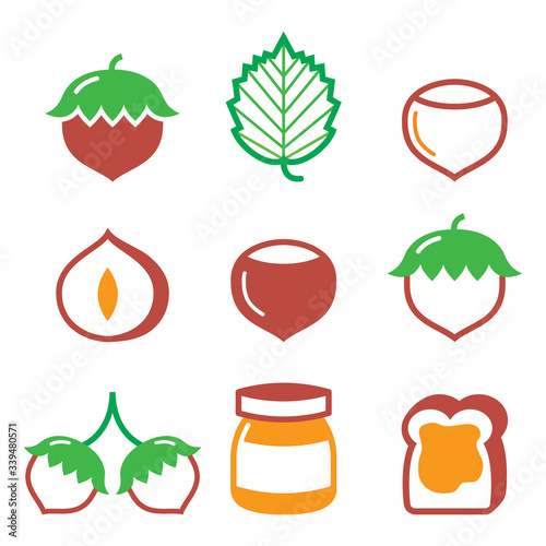 Hazelnuts, nuts - food vector icons set 
