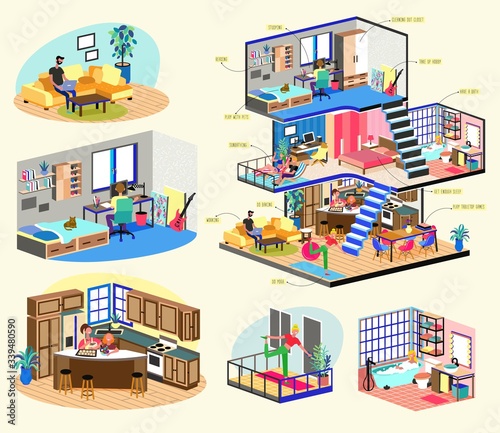 Fototapeta Naklejka Na Ścianę i Meble -  Quarantine, Stay Home Motivational Concept Series - People Sitting At Their Home.