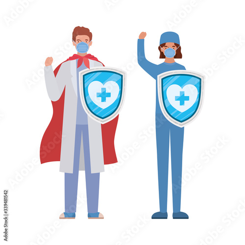 woman and man doctors heroes with cape and shields against 2019 ncov virus vector design