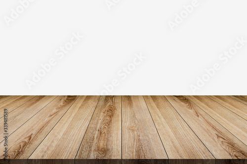 Wooden tabletop template mockup for display merchandise  wooden shelf table isolated on grey background