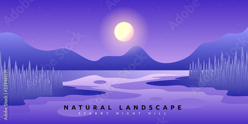 fantasy forest nature landscape with starry night sky background at sea coast