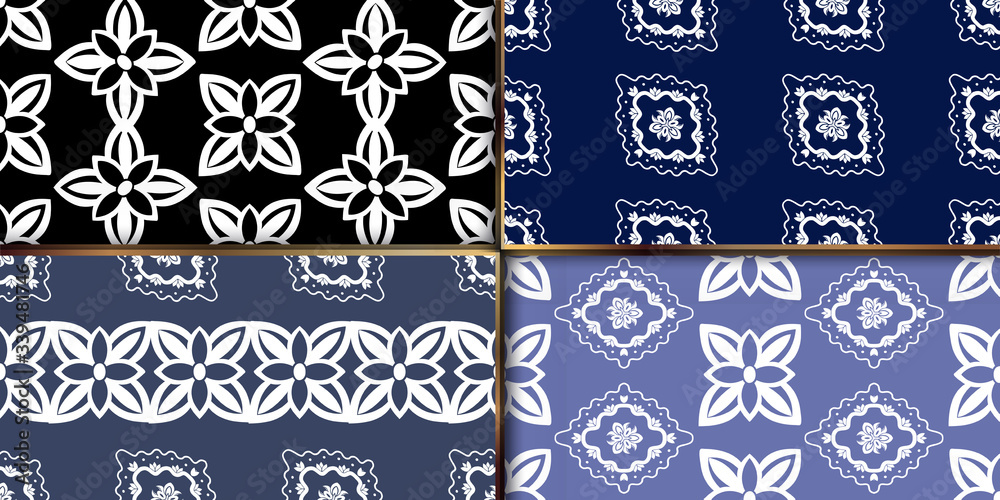Fototapeta premium Set seamless simple ornate pattern. Vintage wallpaper in the damask baroque style. Vector surface design