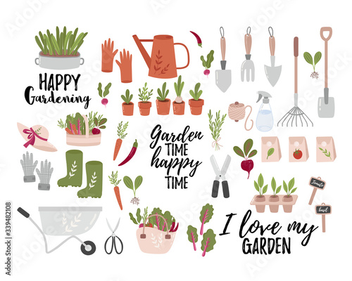 Concept of gardening. Garden tools. Colorful vector illustration