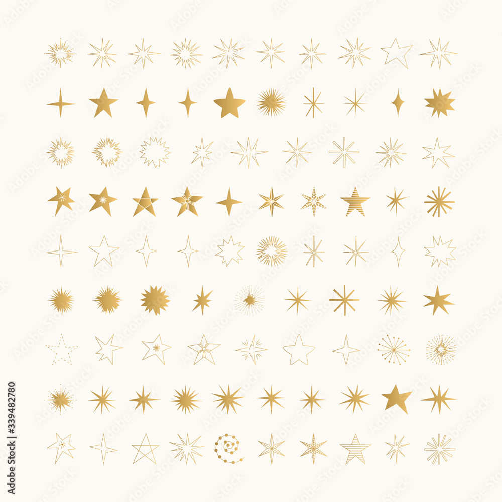 Set of golden vector stars. Elegant gold foil holiday design. Vector
