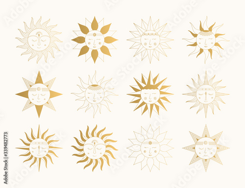 Set of mystic suns with faces. Vector space illustration. Golden style.