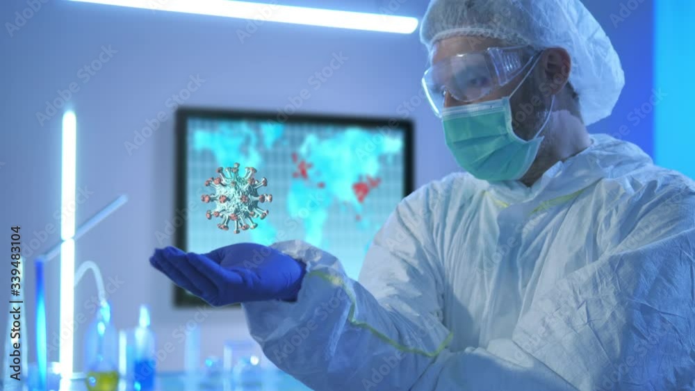 lab technician holding a 3d cgi model of coronavirus,scientist analyze covid-19 cell in laboratory,world infection spread showing on world map