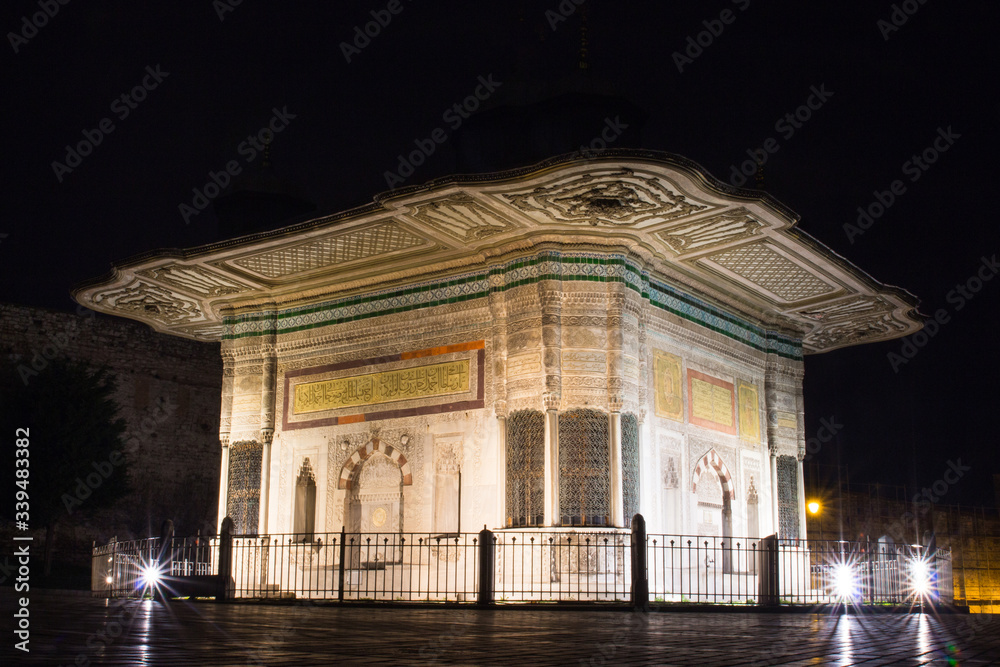 Night view of the historic Ahmed III Fountain in Istanbul. Turkey