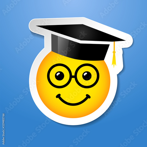 Graduation greeting card. Class Off logotype Isolated abstract graphic web design template. White paper sticker smile sign with glasses. Creative 3D symbol. Internet messenger smiley icon academic hat