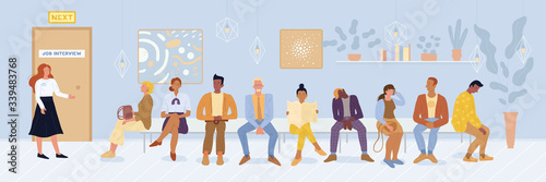 Multiracial men, women, graduated sitting on bench in queue, waiting for job interview, speaking by phone, reading. Recruitment, unemployment, head hunting, free vacancy vector flat illustration.