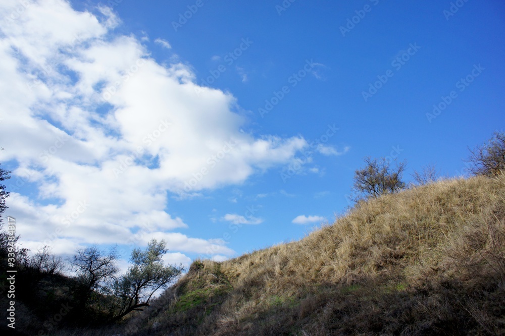 A bright blue sky with fluffy white clouds, shot in a bright, frosty spring morning.