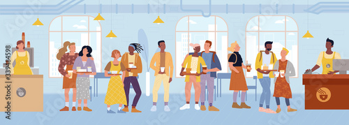 Cashier, barista standing behind counters, serving customers at cafe, restaurant. Students, teenagers, girl, boys keeping trays food, drinks lining up to pay at checkout. Vector flat illustration.