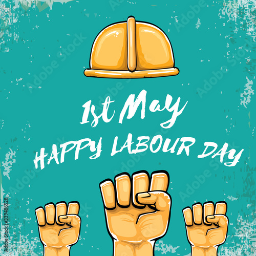 Happy labour day vector label with strong orange fist isolated on grunge turquoise background. vector happy labor day background with man hand. red workers may day poster
