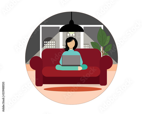 Girl working on a laptop while sitting at home on the couch (sofa). Vector illustration. Icon.