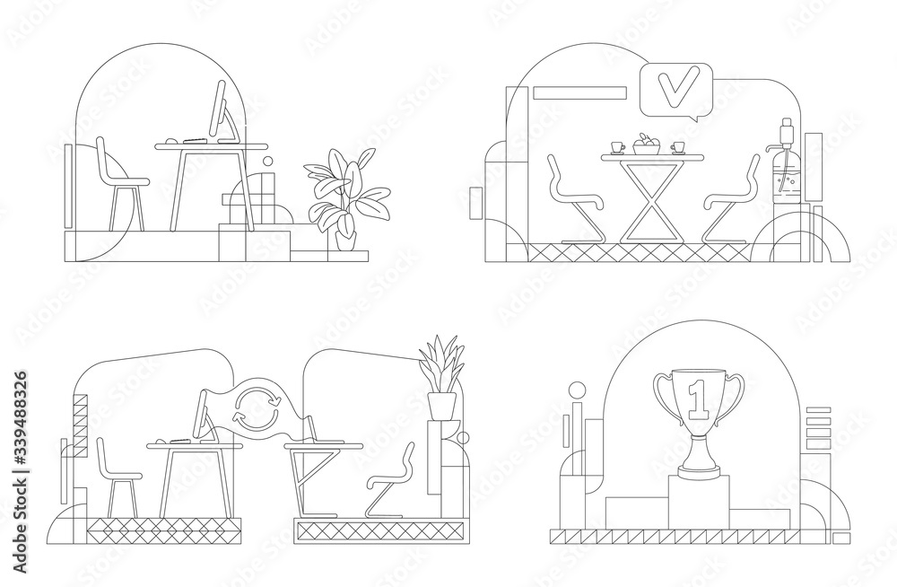 Corporate office outline vector illustrations set. Empty workspace contour composition on white background. Personal and remote workplace, lounge zone, pedestal simple style drawings pack