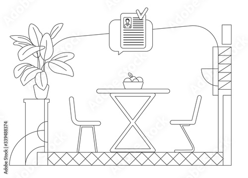 Place for job interviews outline vector illustration. Negotiation room, corporate meeting place contour composition on white background. Empty room and speech bubble approved CV simple style drawing