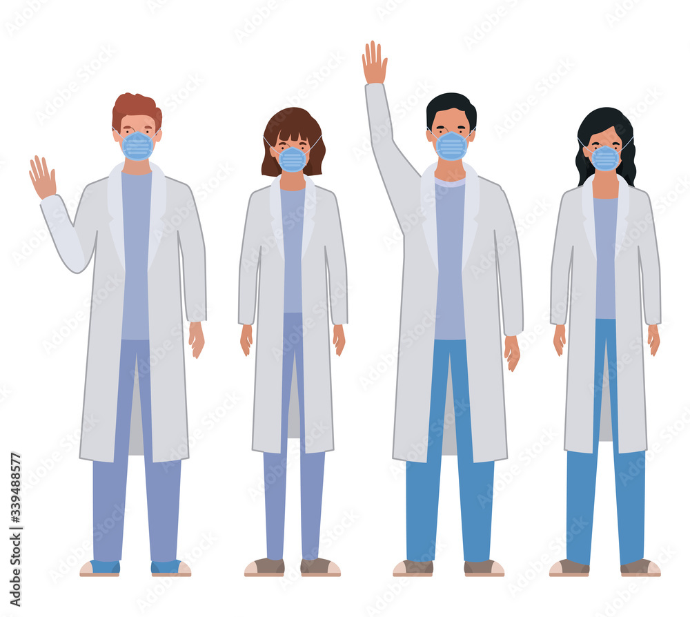 Men and women doctors with uniforms and masks vector design Men and women doctors with uniforms and masks vector design