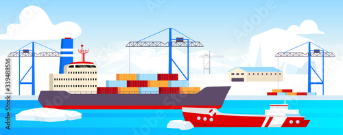 Polar shipyard flat color vector illustration. Industrial container yard at North Pole 2D cartoon landscape with glaciers on background. Arctic shipping center. Icebreaker docked at sea port