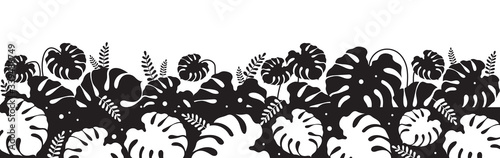Tropical foliage black silhouette vector illustration. Monstera leaf. Philodendron decoration. Wild shrubs and bushes. Exotic monochrome landscape. Subtropical leaves 2d cartoon shape