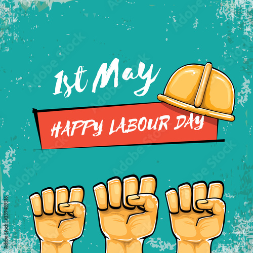 Happy labour day vector label with strong orange fist isolated on grunge turquoise background. vector happy labor day background with man hand. red workers may day poster