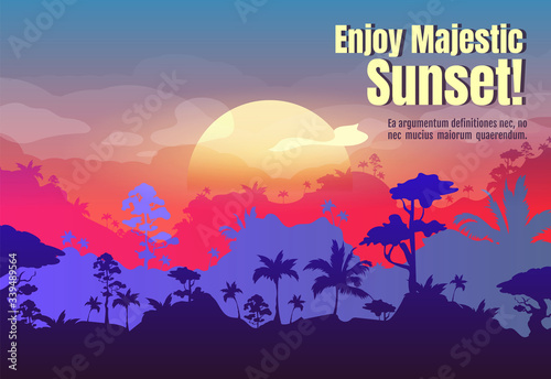 Enjoy majestic sunset poster flat vector template. Scenic sky upon tropical forest landscape. Brochure, booklet one page concept design with cartoon characters. Jungle flyer, leaflet